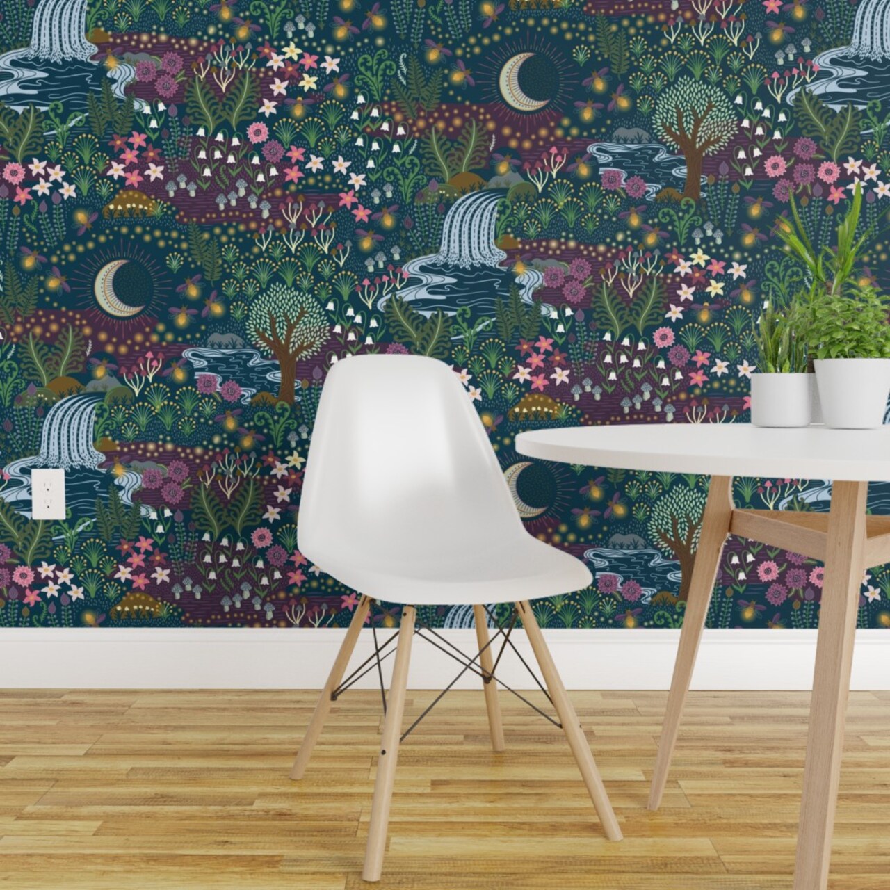 Peel & Stick Wallpaper 2FT Wide Magical Garden Woodland Floral Whimsical Night Botanical Fireflies Moon Jewel Tone Custom Removable Wallpaper by Spoonflower